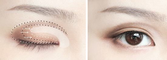 好处:产生欧洲人或混血儿眼窝的效果   画法:用较深色眼影顺着双